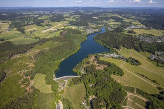 Aerial view, Lingesetalsperre, Meinerzhagen, Märkischer Kreis, Sauerland, North Rhine-Westphalia,