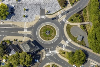 Aerial view, roundabout at the town hall, Meinerzhagen, Märkischer Kreis, Sauerland, North