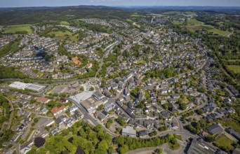 Aerial view, town view, town hall, construction site renovation Jesus-Christus-Kirche,