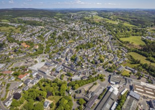 Aerial view, town view, town hall, construction site renovation Jesus-Christus-Kirche,