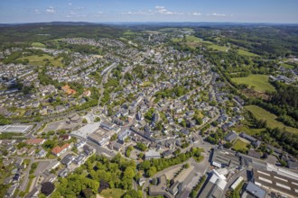 Aerial view, town view, town hall, construction site renovation Jesus-Christus-Kirche,