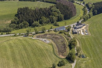 Aerial view, Neuenhaus, Gasthof Höll, dried up pond, Meinerzhagen, Märkischer Kreis, Sauerland,