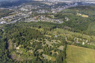 Aerial view, forest cemetery Am Limberg, view of Rauherfeld and Menden, Menden, Sauerland,