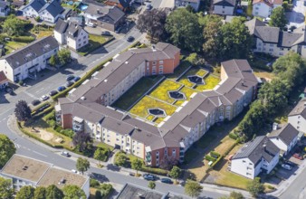Aerial view, residential complex with green parking roof, inner courtyard, Clemens-Brentano-Straße,