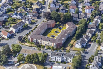 Aerial view, residential complex with green parking roof, inner courtyard, Clemens-Brentano-Straße,