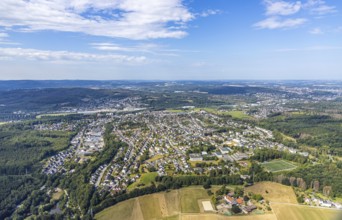 Aerial view, view of Lendringsen, Bieberhof boarding stable, Menden, Sauerland, Märkischer Kreis,