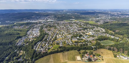 Aerial view, view of Lendringsen, Bieberhof boarding stable, Menden, Sauerland, Märkischer Kreis,