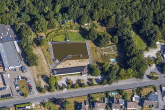 Aerial view, former natural swimming pool Biebertal, Menden, Sauerland, Märkischer Kreis, North