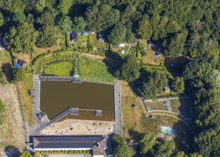 Aerial view, former natural swimming pool Biebertal, Menden, Sauerland, Märkischer Kreis, North