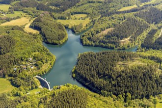 Aerial view, Fürwiggetalsperre, Meinerzhagen, Märkischer Kreis, Sauerland, North Rhine-Westphalia,