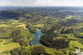 Aerial view, Fürwiggetalsperre, Meinerzhagen, Märkischer Kreis, Sauerland, North Rhine-Westphalia,