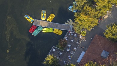 Aerial view, Alberssee, boat landing stage, pedal boats, Rebbeke, Lippstadt, Soest district, North