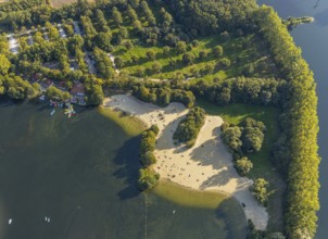 Aerial view, Alberssee, lido, bathers, Rebbeke, Lippstadt, Soest district, North Rhine-Westphalia,