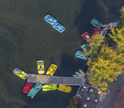Aerial view, Alberssee, boat landing stage, pedal boats, Rebbeke, Lippstadt, Soest district, North