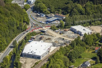 Aerial view, construction site and new building, settlement of local supply centre Edeka sales area