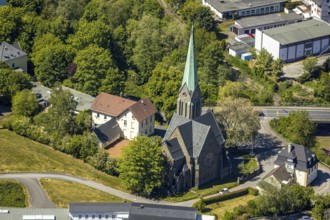 Aerial view, Church of the Holy Cross Brügge, Lüdenscheid, Märkischer Kreis, Sauerland, North