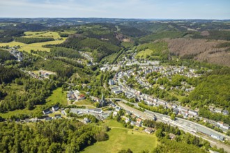 Aerial view, Brügge district, Lüdenscheid-Brügge railway station, Lüdenscheid fire brigade, Brügge