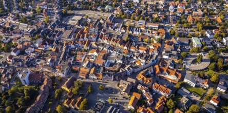 Aerial view, city centre, old town hall, Am Markt, fire defence tower, beer fountain, Lübbecke,