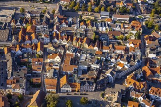 Aerial view, city centre, old town hall, Am Markt, fire defence tower, beer fountain, Lübbecke,