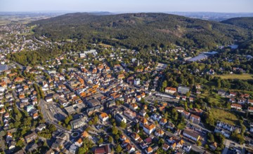 Aerial view, Wiehengebirge, local view, evang.luth. St. Andreas-Kirche, Lübbecke,