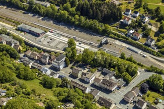 Aerial view, Brügge district, Lüdenscheid-Brügge railway station, Lüdenscheid fire brigade, Brügge