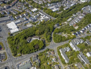 Aerial view, burnt down, destroyed OBDACHLOSENASY, former company building Autoreifen und Autoteile