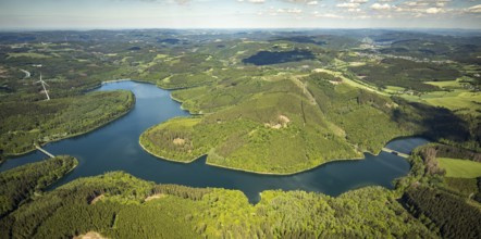 Aerial view, Verse dam, Klamer bridge, dam wall, forest area, Lüdenscheid, Märkischer Kreis,
