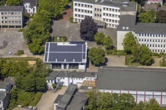 Aerial view, Zeppelin-Gymnasium, school hall with solar system, Lüdenscheid, Märkischer Kreis,