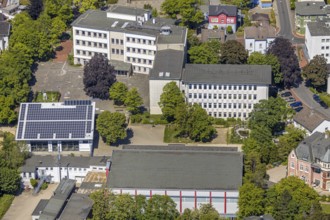 Aerial view, Zeppelin-Gymnasium, school hall with solar system, Lüdenscheid, Märkischer Kreis,
