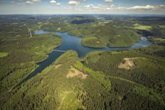 Aerial view, Verse dam, Klamer bridge, dam wall, forest area, Lüdenscheid, Märkischer Kreis,