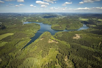 Aerial view, Verse dam, Klamer bridge, dam wall, forest area, Lüdenscheid, Märkischer Kreis,