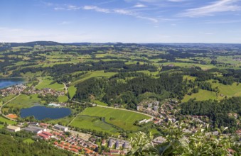 Idyllic aerial view seen from the Immenstaedter Horn around Immenstadt at the Allgaeu region in