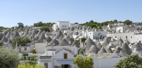 Sunny impression of trulli houses at a town named Alberobello in Apulia, Italy