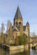Scenery at evening time around the Temple Neuf, a protestant church in Metz located in France