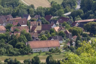 Aerial view showing a village named Baechlingen near Langenburg in Hohenlohe, a area in Southern