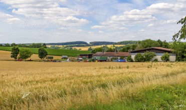 Idyllic agricultural scenery including some equipment at summer time in Southern Germany