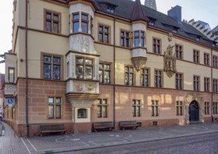 Historic ornamented building seen in Freiburg im Breisgau, a city in southern Germany at winter