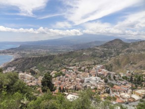 Distant aerial view of Taormina, a comune in Sicily, Italy
