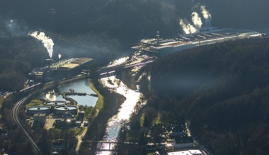 Aerial view, River Lenne backlit, Iserlohn-Letmathe sewage treatment plant, Hagen, Ruhr area, North