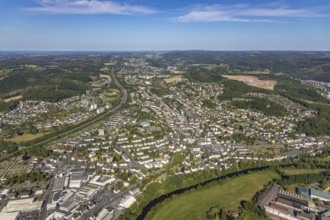 Aerial view, motorway A46, city centre view and commercial area Elseyer Straße, river Lenne,
