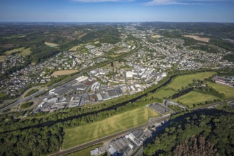 Aerial view, motorway A46, city centre view and commercial area Elseyer Straße, river Lenne,