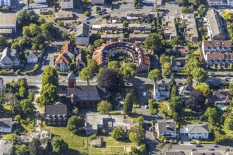 Aerial view, round building, residential building Eppenhauser Straße 160, DreifaltigkeitsKirche,