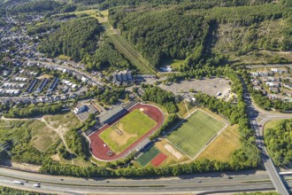 Aerial view, stadium above ground high voltage road, high voltage pylons, planned HStädt. building