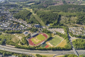 Aerial view, stadium above ground high voltage road, high voltage pylons, planned HStädt. building