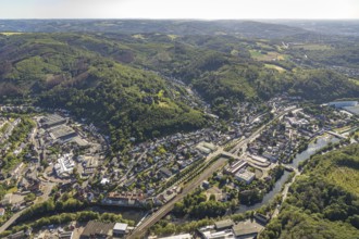 Aerial view, aerial view, Hohenlimburg railway station, river Lenne, Hagen-Hohenlimburg, Ruhr area,