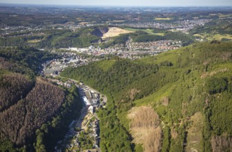 Aerial view, planned wind power plants, industrial area Obernahmerstraße, district Nahmer, quarry