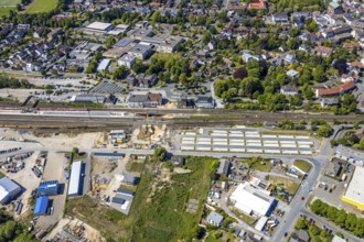 Aerial view, track reconstruction construction site Haltern station, Park&Ride car park at Haltern