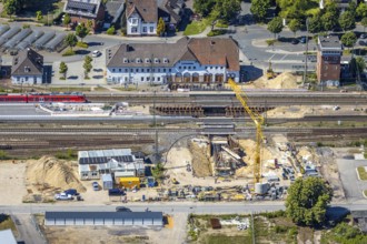 Aerial view, track reconstruction construction site Haltern station, Haltern am See, Münsterland,