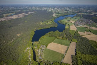 Aerial view, Hullern dam, Hullern reservoir, river Stever, view of Hullern, Haltern am See,
