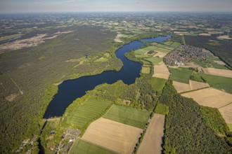 Aerial view, Hullern dam, Hullern reservoir, river Stever, view of Hullern, Haltern am See,